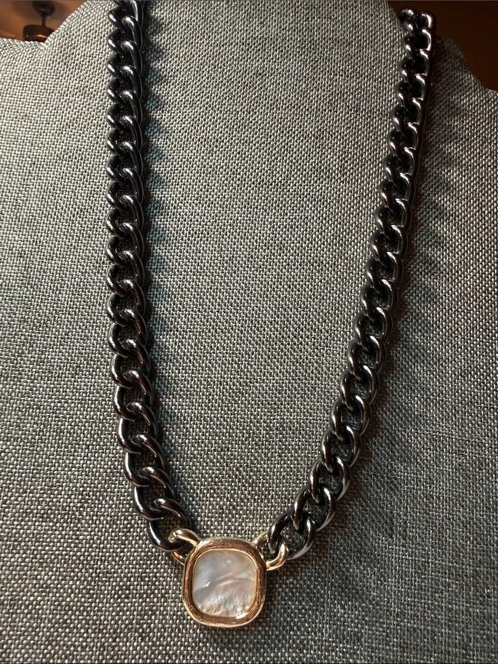 Black Chain Necklace with Mother-of-Pearl Pendant